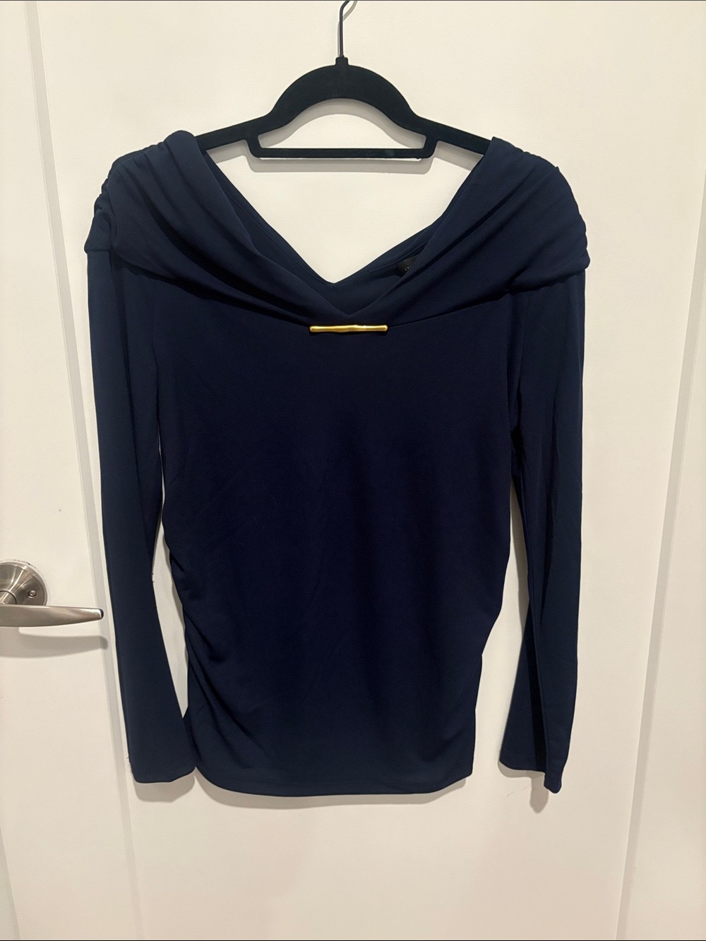 Donna Karan Navy Blue Long Sleeve Draped Neck Top with Gold Accent
